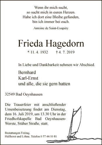 Traueranzeige von Frieda Hagedorn von Neue Westfälische