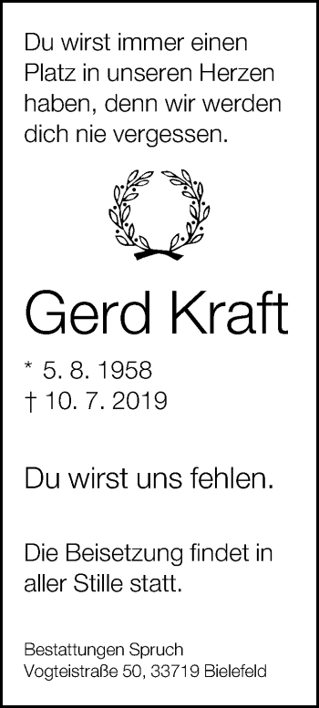 Traueranzeige von Gerd Kraft von Neue Westfälische