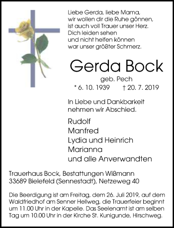 Traueranzeige von Gerda Bock von Neue Westfälische