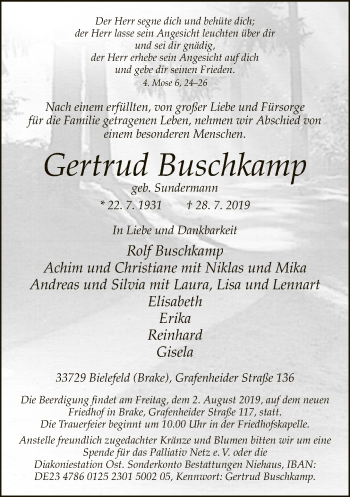 Traueranzeige von Gertrud Buschkamp von Neue Westfälische