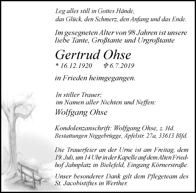  Traueranzeige für Gertrud Ohse vom 13.07.2019 aus Neue Westfälische