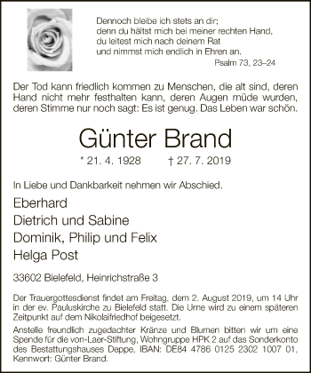 Traueranzeige von Günter Brand von Neue Westfälische