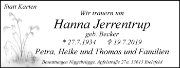 Traueranzeige von Hanna Jerrentrup von Neue Westfälische