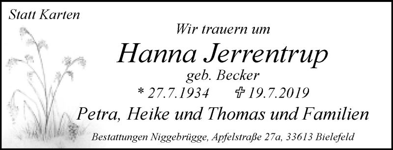  Traueranzeige für Hanna Jerrentrup vom 27.07.2019 aus Neue Westfälische