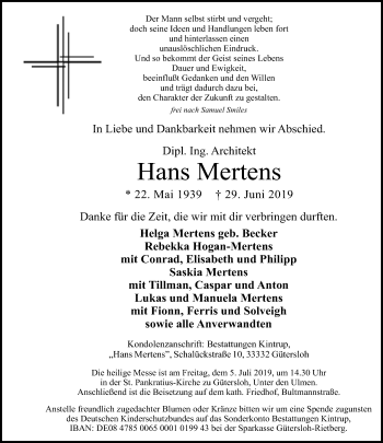Traueranzeige von Hans Mertens von Neue Westfälische