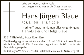 Traueranzeige von Hans Jürgen Blaue von Neue Westfälische