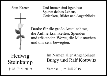 Traueranzeige von Hedwig Steinkamp von Neue Westfälische