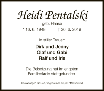 Traueranzeige von Heidi Pentalski von Neue Westfälische