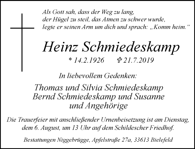  Traueranzeige für Heinz Schmiedeskamp vom 27.07.2019 aus Neue Westfälische