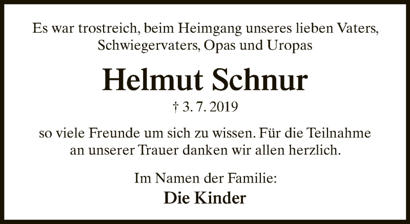  Traueranzeige für Helmut Schnur vom 27.07.2019 aus Neue Westfälische