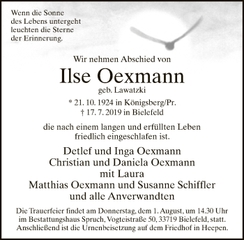 Traueranzeige von Ilse Oexmann von Neue Westfälische