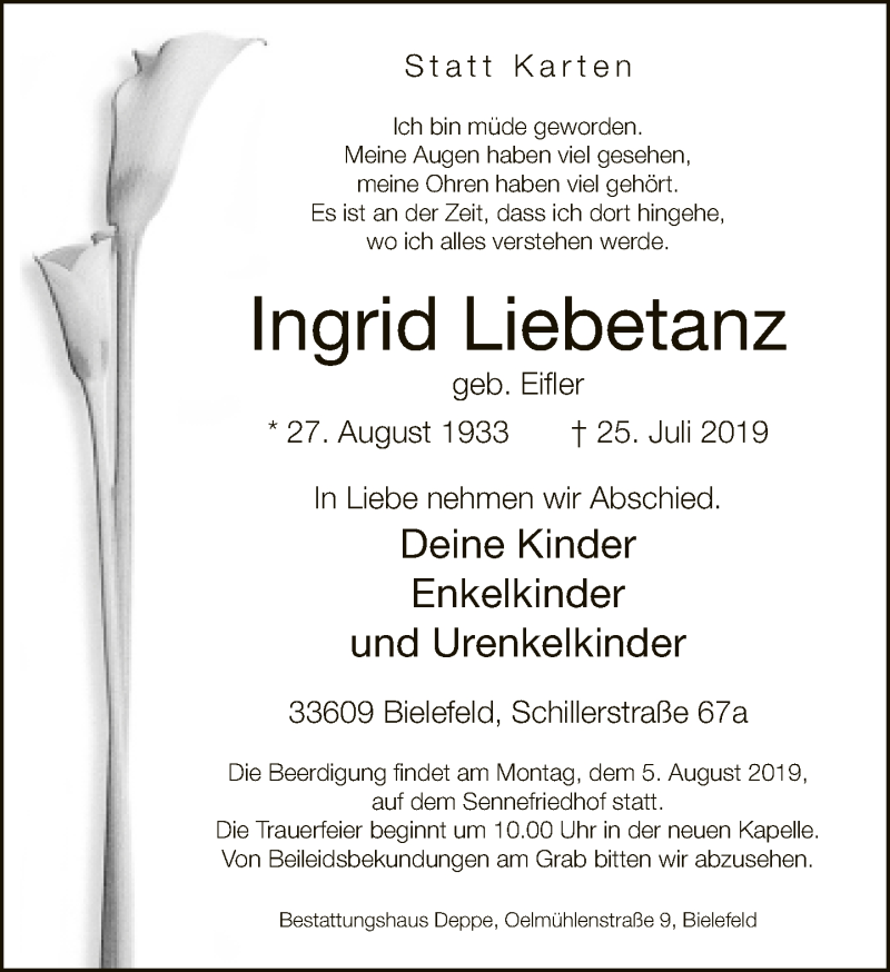  Traueranzeige für Ingrid Liebetanz vom 31.07.2019 aus Neue Westfälische