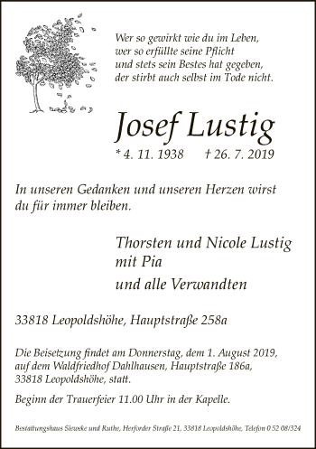 Traueranzeige von Josef Lustig von Neue Westfälische