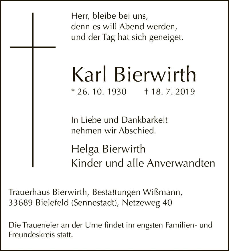  Traueranzeige für Karl Bierwirth vom 20.07.2019 aus Neue Westfälische