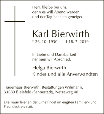 Traueranzeige von Karl Bierwirth von Neue Westfälische