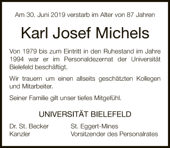 Traueranzeige von Karl Josef Michels von Neue Westfälische