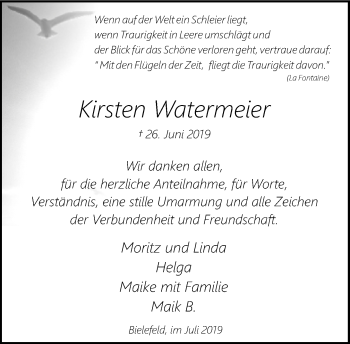 Traueranzeige von Kirsten Watermeier von Neue Westfälische