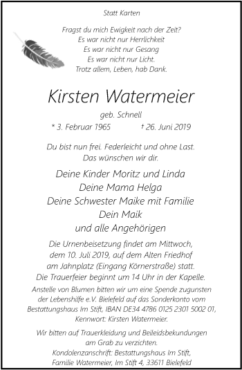 Traueranzeige von Kirsten Watermeier von Neue Westfälische