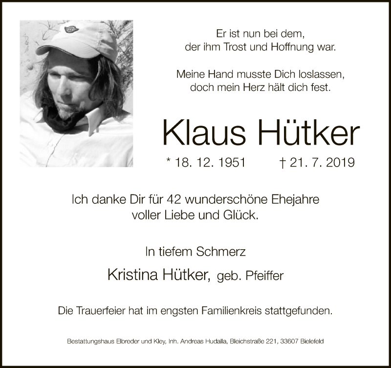  Traueranzeige für Klaus Hütker vom 27.07.2019 aus Neue Westfälische