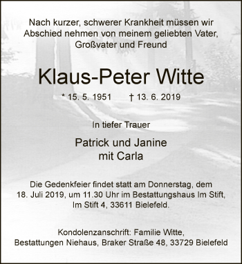 Traueranzeige von Klaus-Peter Witte von Neue Westfälische