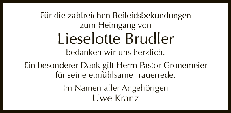  Traueranzeige für Lieselotte Brudler vom 06.07.2019 aus Neue Westfälische