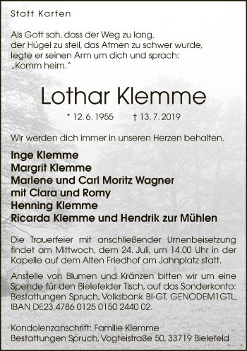 Traueranzeige von Lothar Klemme von Neue Westfälische