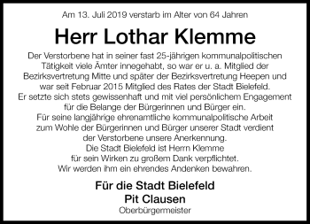 Traueranzeige von Lothar Klemme von Neue Westfälische