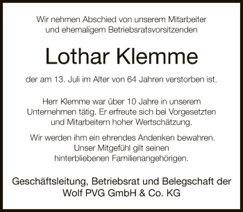 Traueranzeige von Lothar Klemme von Neue Westfälische