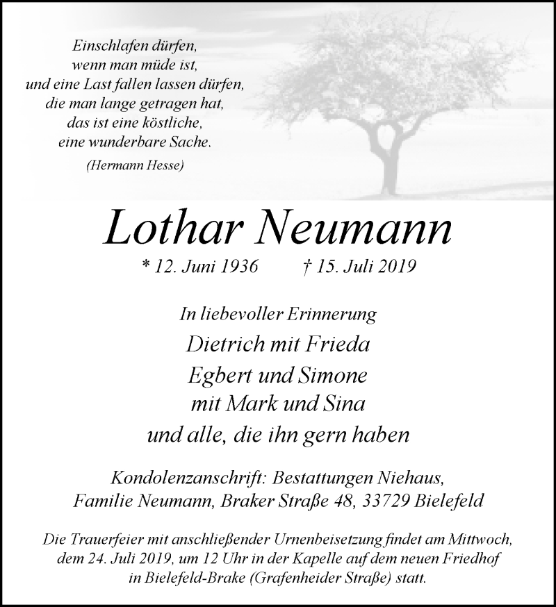  Traueranzeige für Lothar Neumann vom 20.07.2019 aus Neue Westfälische