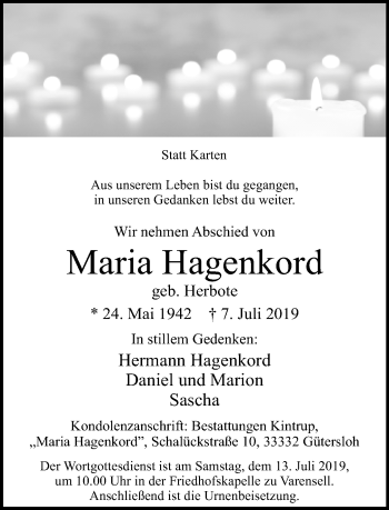 Traueranzeige von Maria Hagenkord von Neue Westfälische