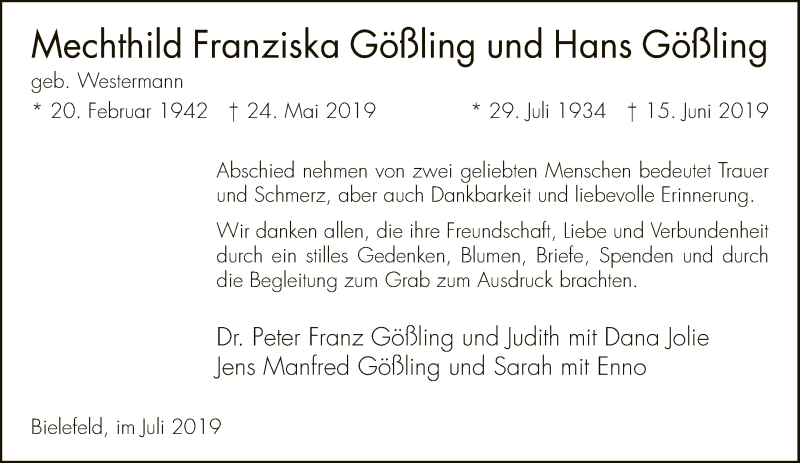  Traueranzeige für Mechthild Franziska und Hans Gößling vom 20.07.2019 aus Neue Westfälische