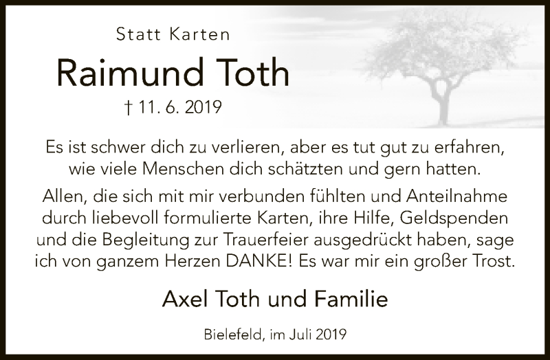  Traueranzeige für Raimund Toth vom 20.07.2019 aus Neue Westfälische