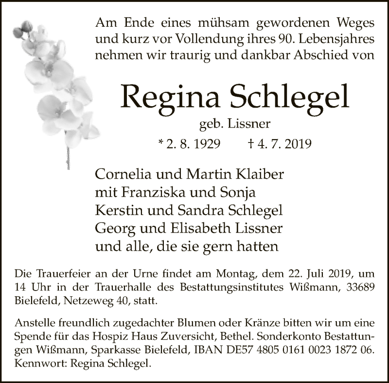  Traueranzeige für Regina Schlegel vom 13.07.2019 aus Neue Westfälische