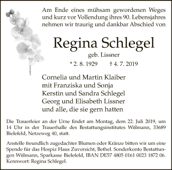 Traueranzeige von Regina Schlegel von Neue Westfälische