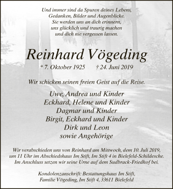Traueranzeige von Reinhard Vögeding von Neue Westfälische