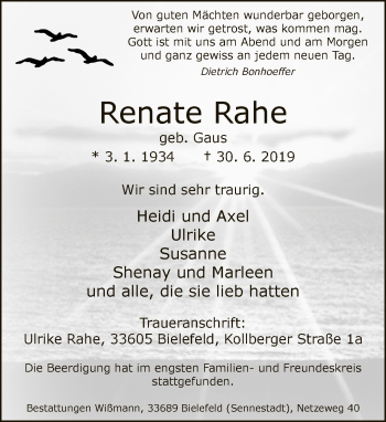 Traueranzeige von Renate Rahe von Neue Westfälische