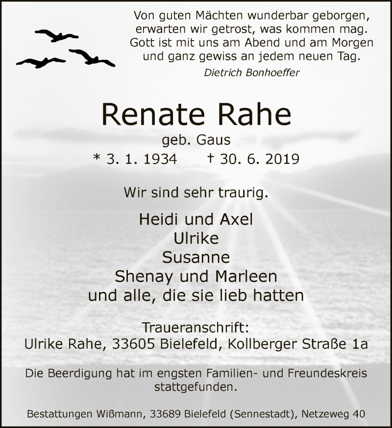  Traueranzeige für Renate Rahe vom 06.07.2019 aus Neue Westfälische