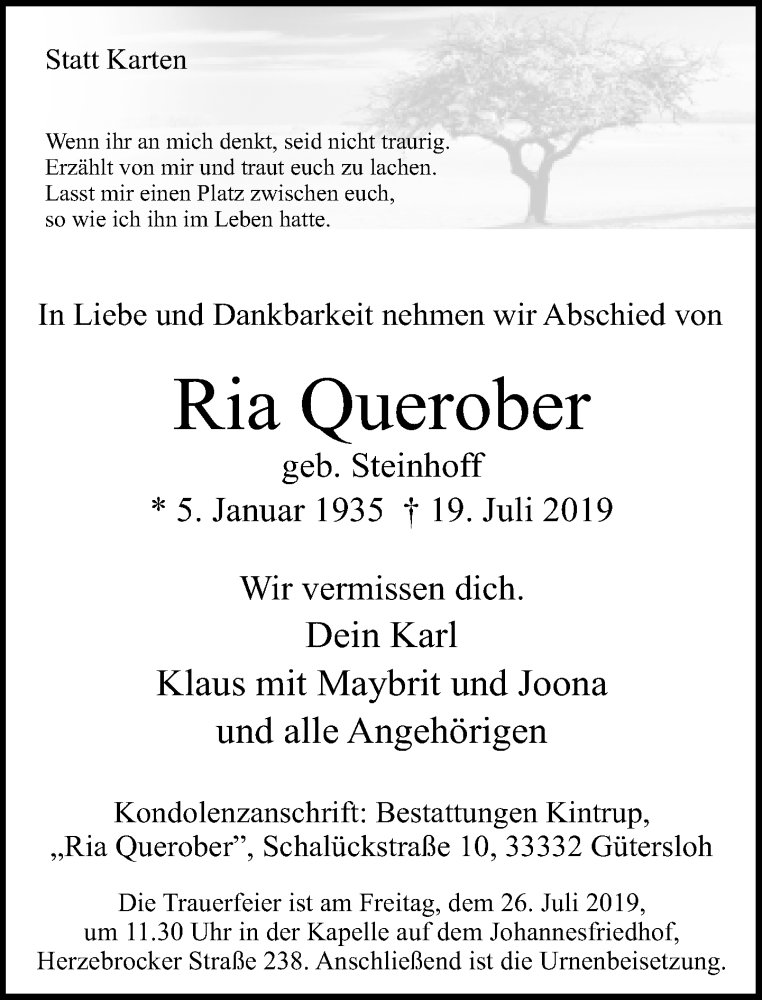  Traueranzeige für Ria Querober vom 22.07.2019 aus Neue Westfälische
