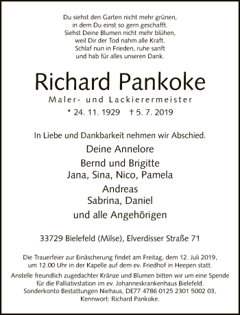 Traueranzeige von Richard Pankoke von Neue Westfälische