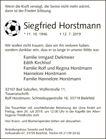 Traueranzeige von Siegfried Horstmann von Neue Westfälische
