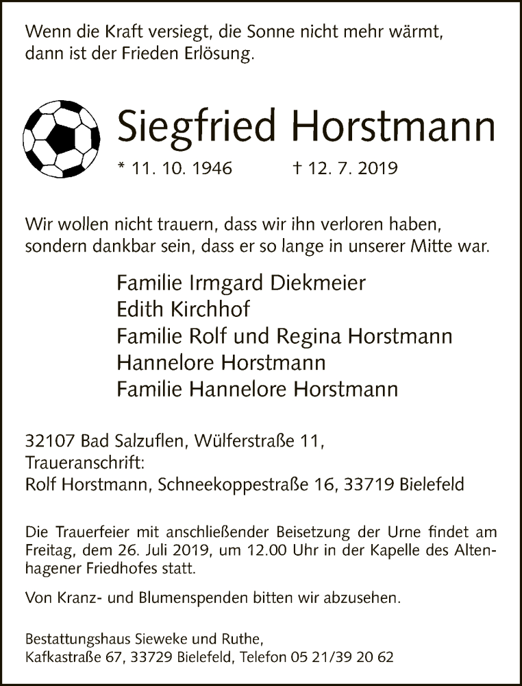  Traueranzeige für Siegfried Horstmann vom 20.07.2019 aus Neue Westfälische