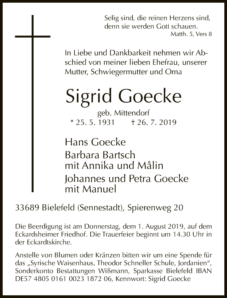 Traueranzeige für Sigrid Goecke vom 29.07.2019 aus Neue Westfälische
