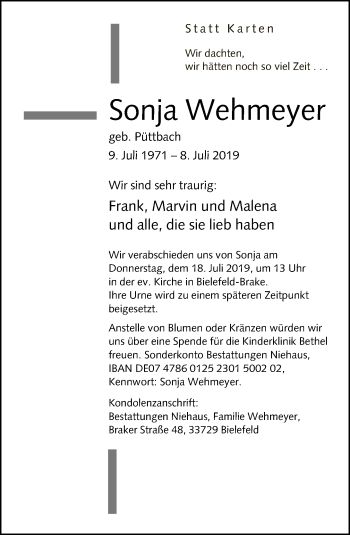 Traueranzeige von Sonja Wehmeyer von Neue Westfälische
