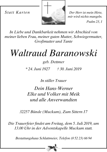 Traueranzeige von Waltraud Baranowski von Neue Westfälische