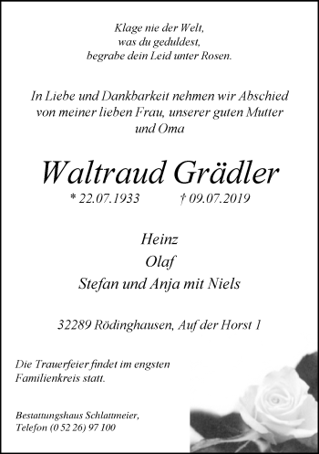 Traueranzeige von Waltraud Grädler von Neue Westfälische
