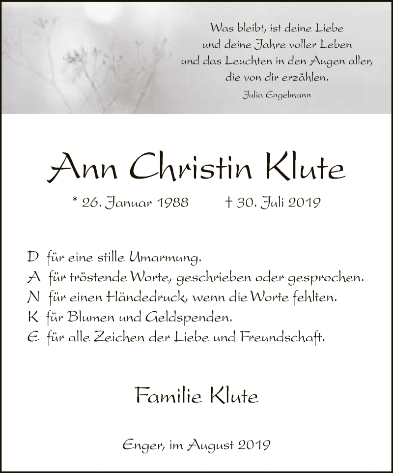  Traueranzeige für Ann Christin Klute vom 31.08.2019 aus Neue Westfälische