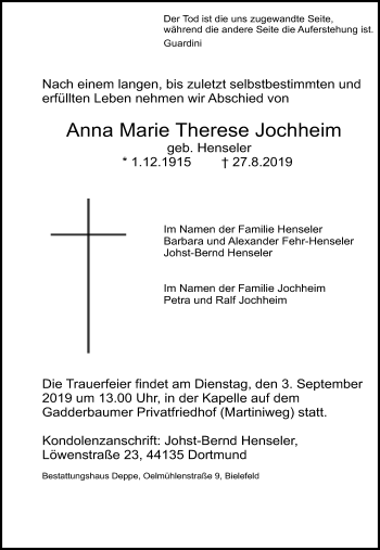 Traueranzeige von Anna Marie Therese Jochheim von Neue Westfälische