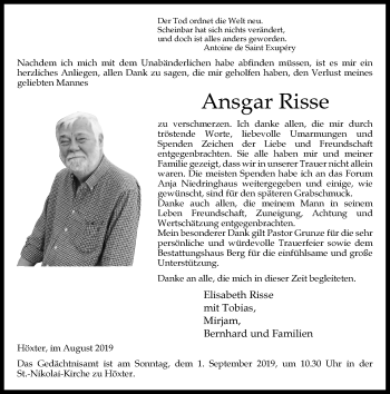 Traueranzeige von Ansgar Risse von Neue Westfälische