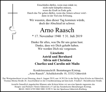 Traueranzeige von Arno Raasch von Neue Westfälische