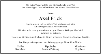 Traueranzeige von Axel Frick von Neue Westfälische